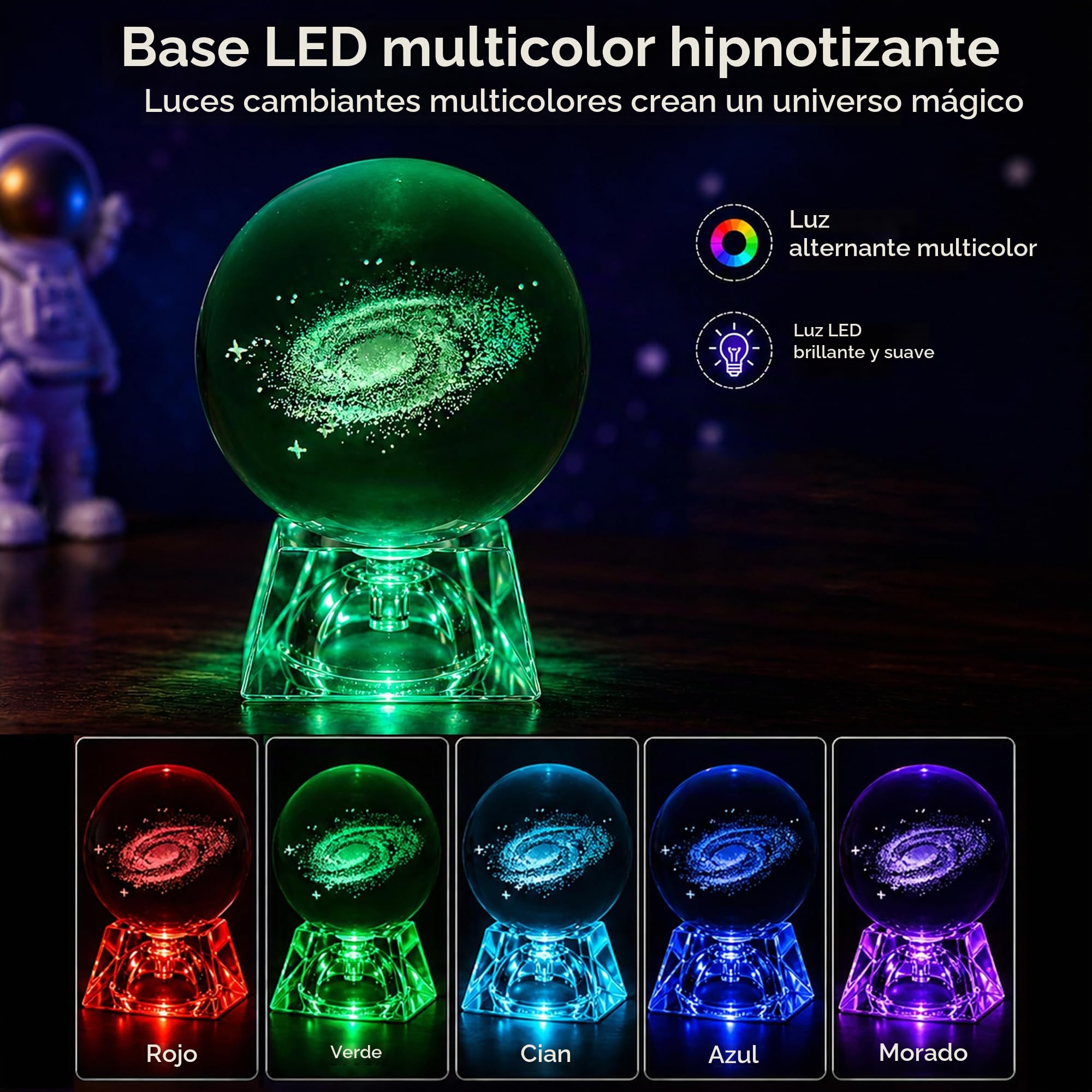 Galaxia Bola de cristal - Luces de noche para niños con base de lámpara LED, Claro 80mm Esfera de cristal Regalos para niños, Lámpara Galaxy lamparas infantiles