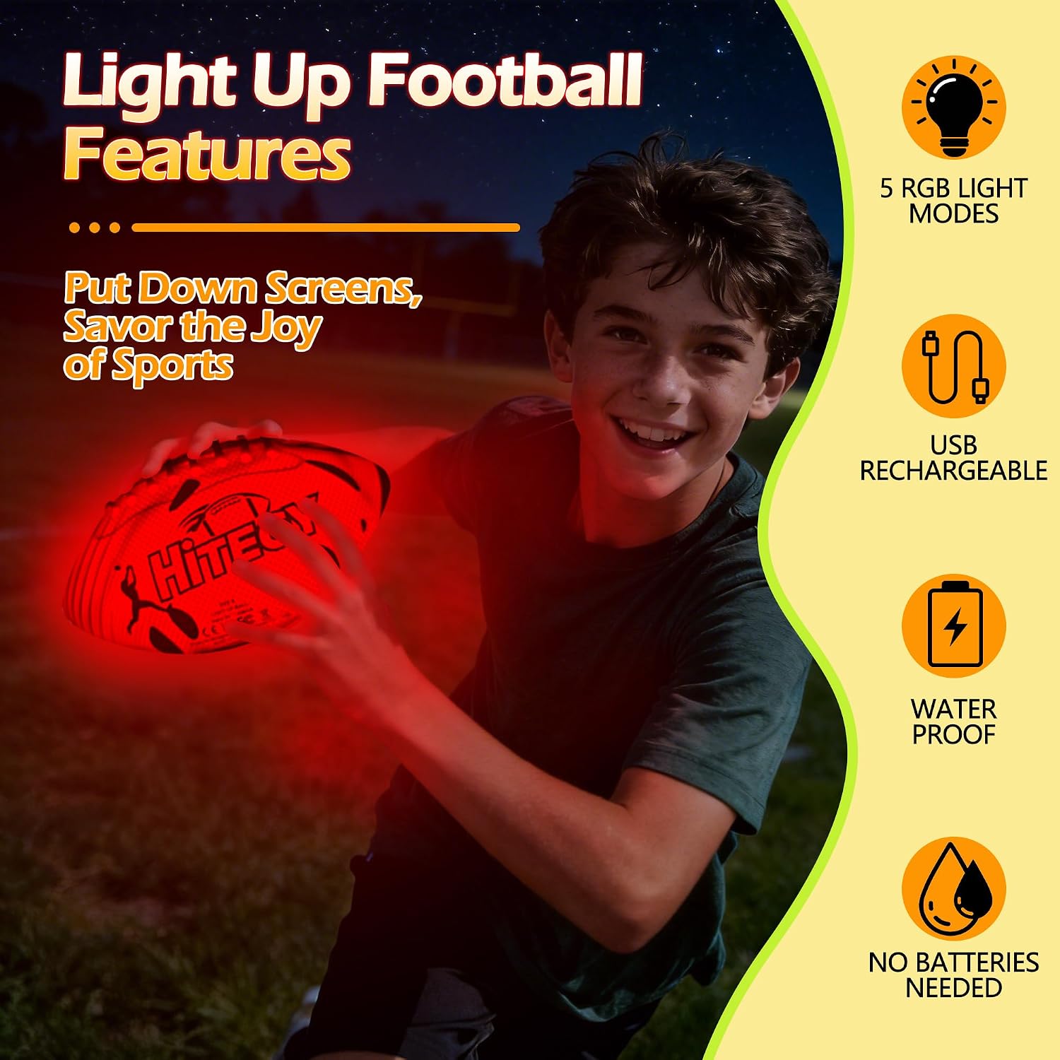 Glow in The Dark Football,Light Up Footballs USB Charging, Official Size 6, LED Light Up with Every Catch and Throw, Includes Pump & Charging Cable - Rechargeable Change Color Lights Up Football