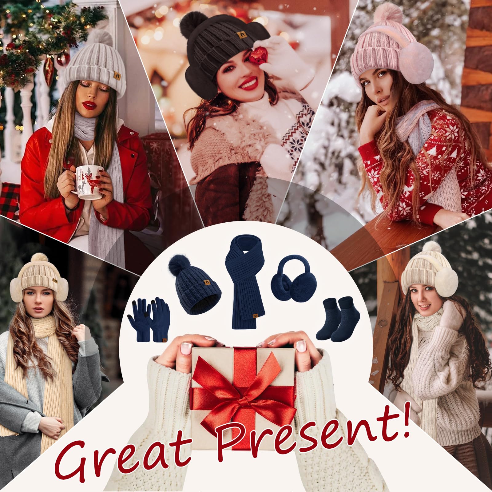 UMIPUBO Gorro de invierno, bufanda, guantes para pantalla táctil, calcetines peludos, orejeras, juego de 5 piezas para mujer, juego de invierno para esquí, marino, Talla única