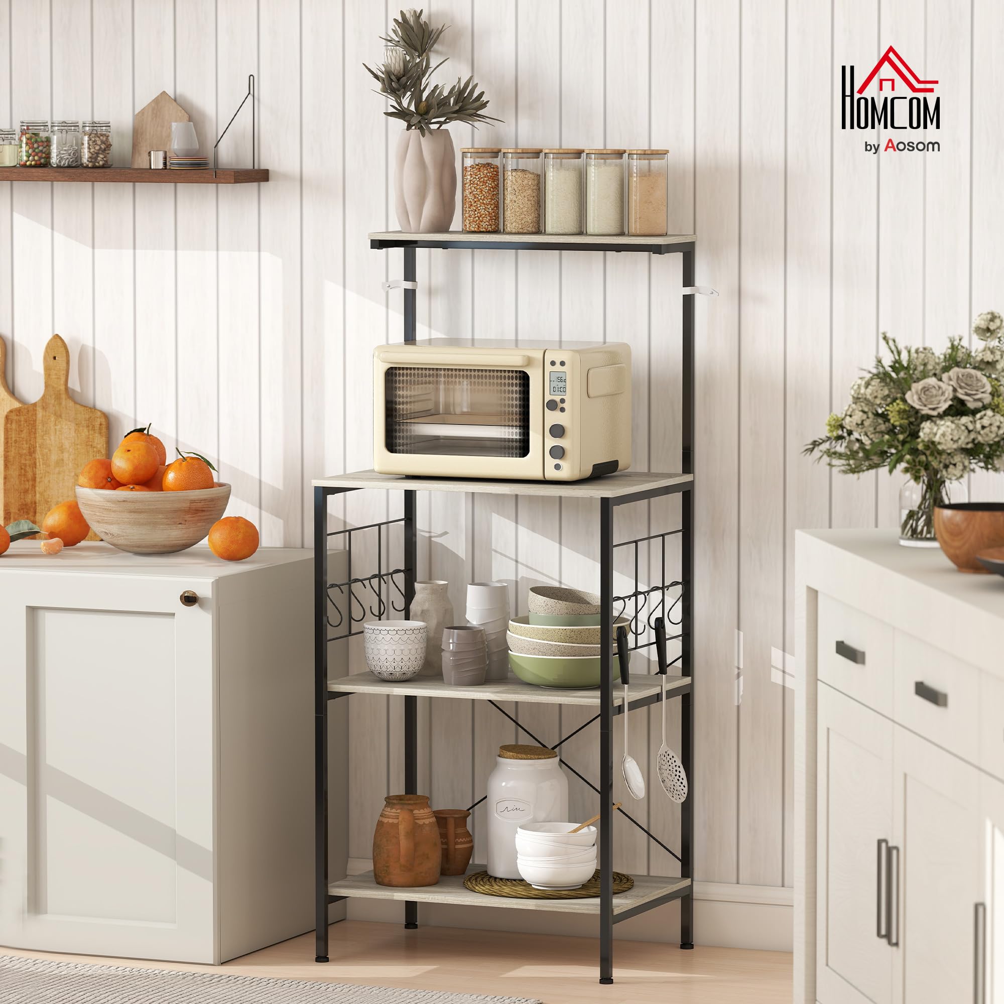 HOMCOM Étagère de cuisine Support Micro-Ondes 60 x 42 x 134,5 cm Chêne | Étagère de Rangement, Panneau Grillagé, 8 Crochets, Station Bar à Café, pour Épices Casseroles Poêles