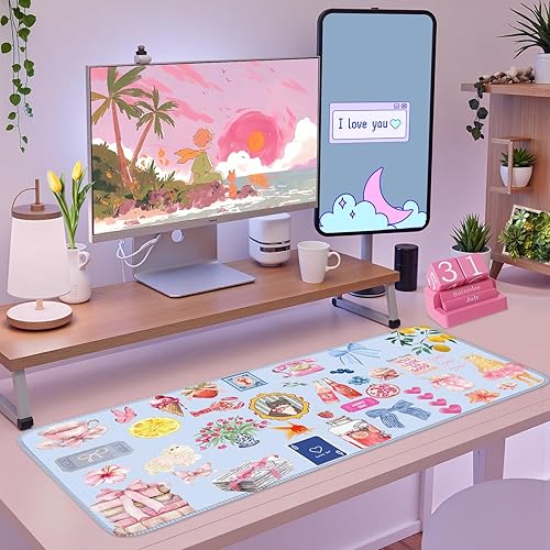 Miniatura 5 de Tapete de escritorio azul con diseño de gato kawaii, retro, vintage, grande, XXL, tapete de mouse para computadora, teclado, laptop, mouse, A1