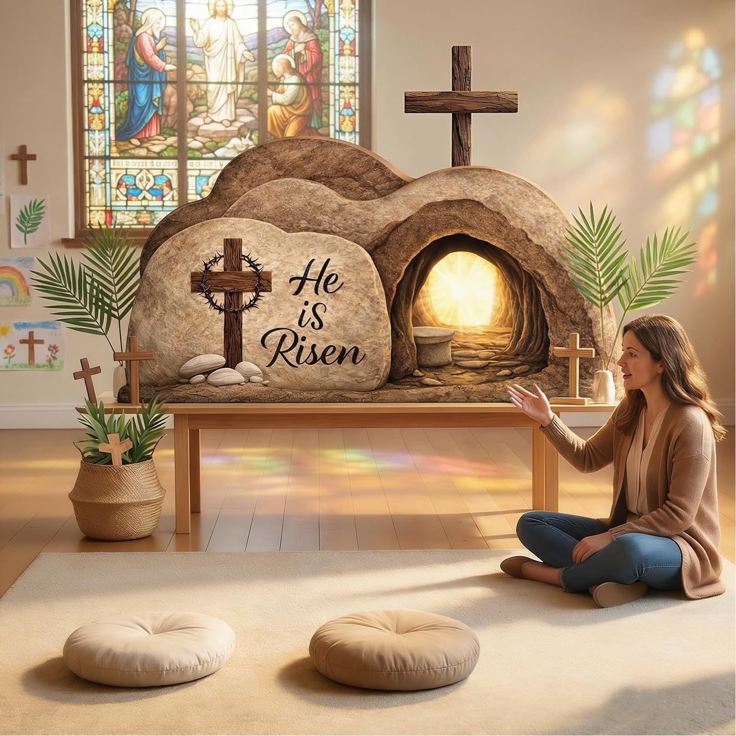 48'' x 25'' Stand-Up He is Risen Cardboard Cutout for Easter Gathering Church Stage Background Photo Prop, Easter Empty Tomb Cardboard Display, Religious Resurrection Cardboard Decoration