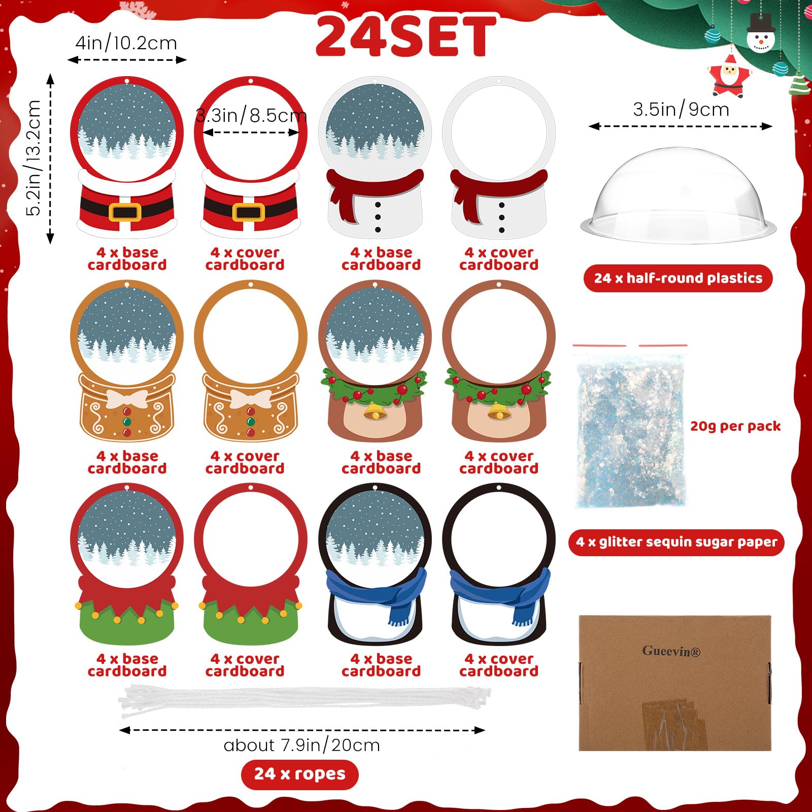 Threehoney Paquete de 24 globos de nieve de Navidad para niños, adorno colgante de globo de nieve 3D para árbol de Navidad con lentejuelas brillantes, papel de media bola 3D y tarjetas (colorido)