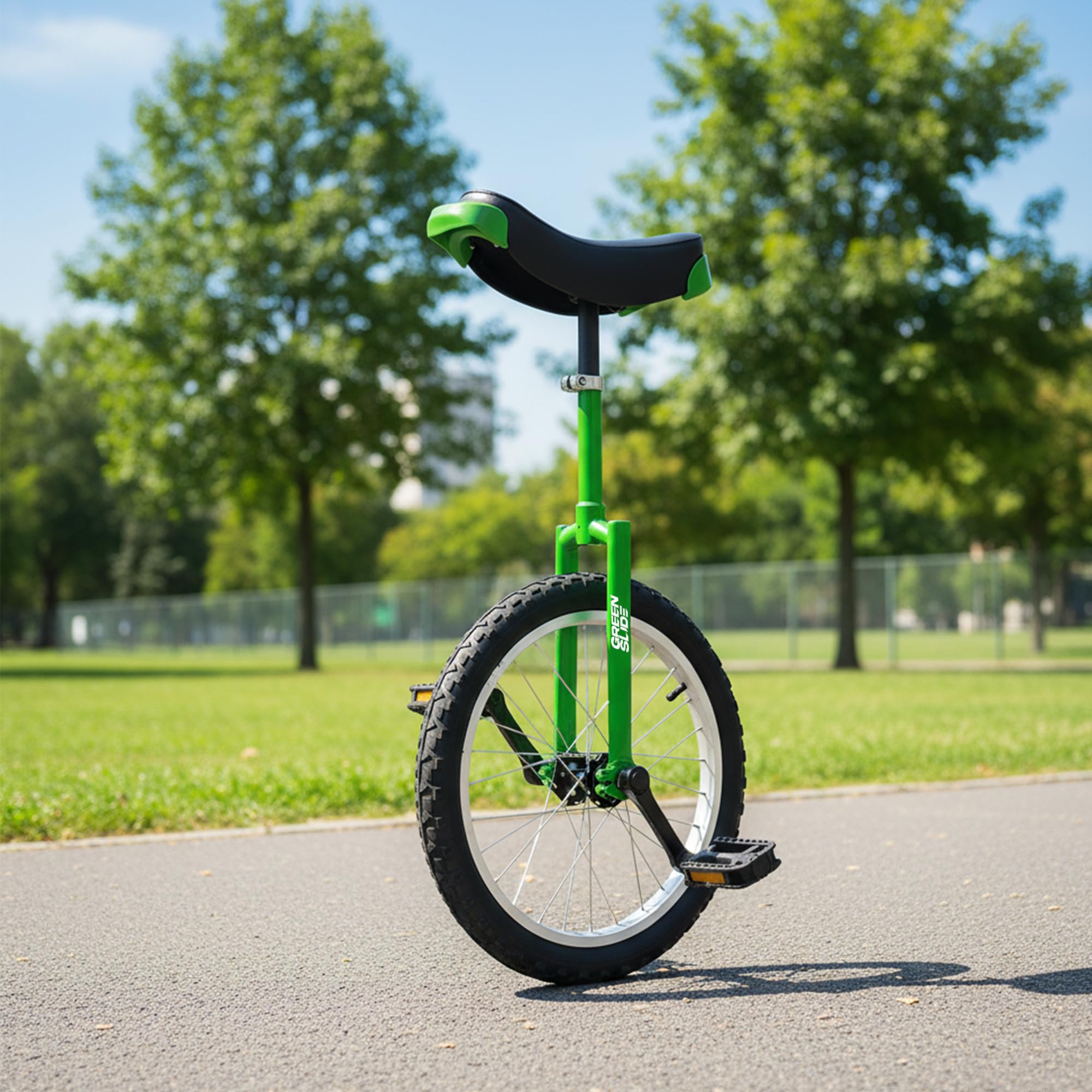 Green Slide Monocycle 20" Gama Edge Verde, Freestyle (Horquilla Cuadrada Tricks), Llanta de Aluminio, Sillín Mango