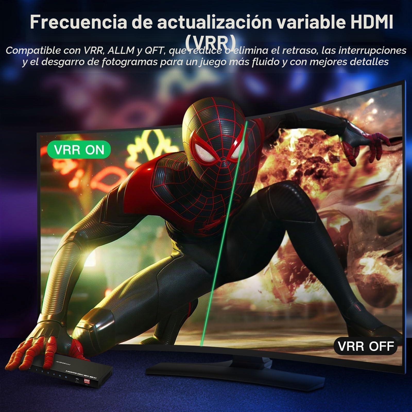 AVIDGRAM 4x1 Switch HDMI 4K 120Hz con Audio Extractor, 8K@60Hz 4 In 1 out con Control Remoto IR, Switch HDMI 2.1, 16 Modos EDID, HDCP2.3/2.2, HDR10, 3D