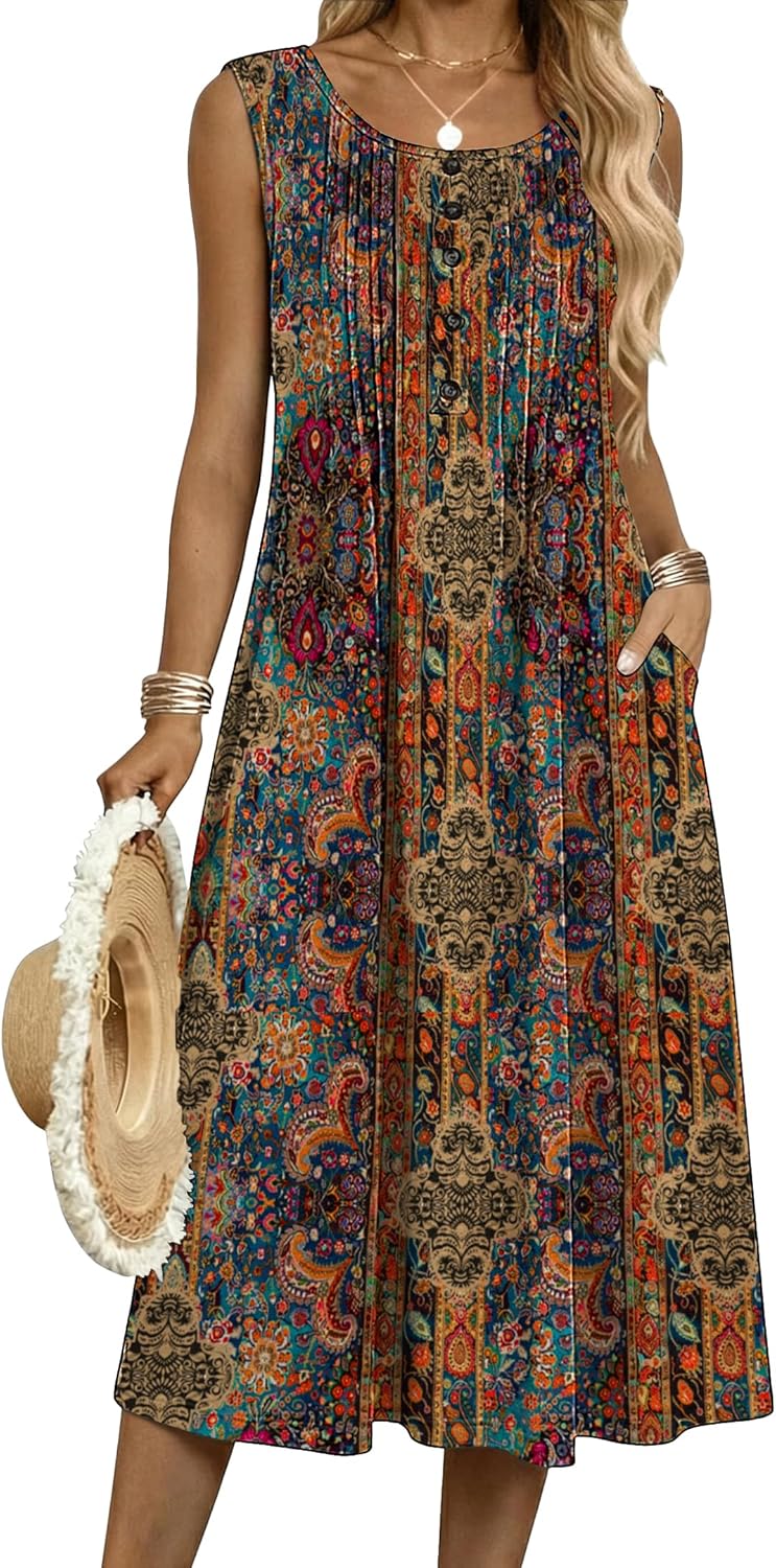 Zeagoo Summer Dresses for Women Flowy Aline Casual Midi Tank Dress Beach Boho Vacation Sundresses Shift Dress with Pockets