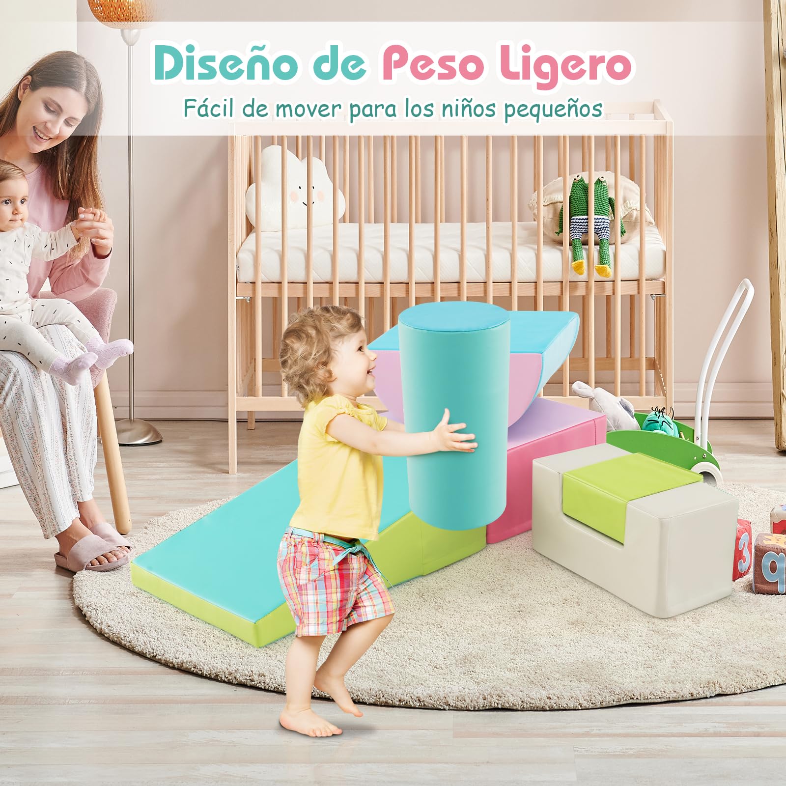 COSTWAY Juego de 6 Bloques de Espuma Grandes, Juego de Juguete para Aprendizaje para Niños de 1-3 Años, con Rectángulos, Cilindro, Media Luna, Cuña, Cóncavo, con Cubierta de PU (Verde y Rosa)