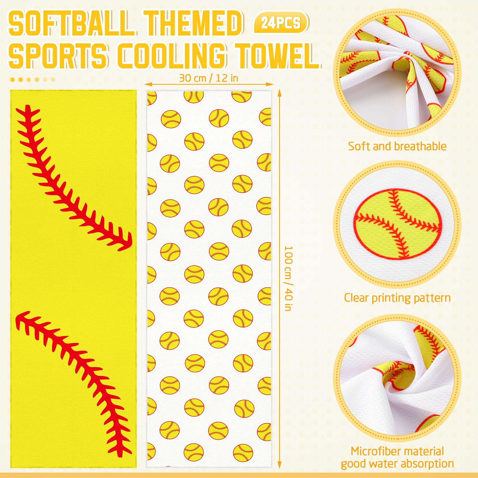 FuWeave 24 Pcs Sports Cooling Towels Baseball Basketball Softball 40 x 12 Inch Breathable Soccer Football Volleyball Microfiber Ice Towel Fast Drying for Sport Party Favors Team Gift(Yellow,Softball)