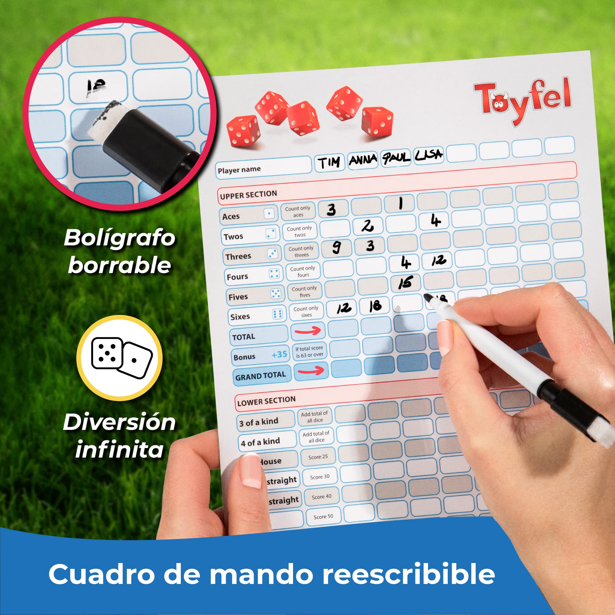Toyfel XXL Juego de Dados Madera de Pino FSC® Interior y Exterior | 6 Enormes 9cm Cubo Plegable Tablero Limpiable y Pluma para Niños y Adultos gigantes pizarra gigantes mesa familiar Chuck