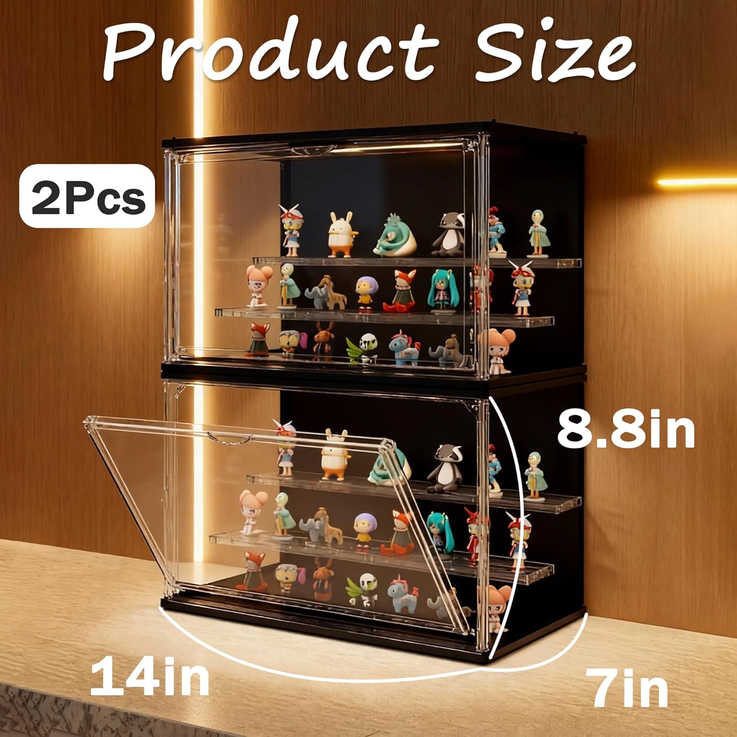 Clear Display Case for Collectibles, 3-Tier Stackable LED Figure Display Case with Magnetic Door, Adjustable Showcase for Models, Miniatures, Jewly (Black,2PCS)