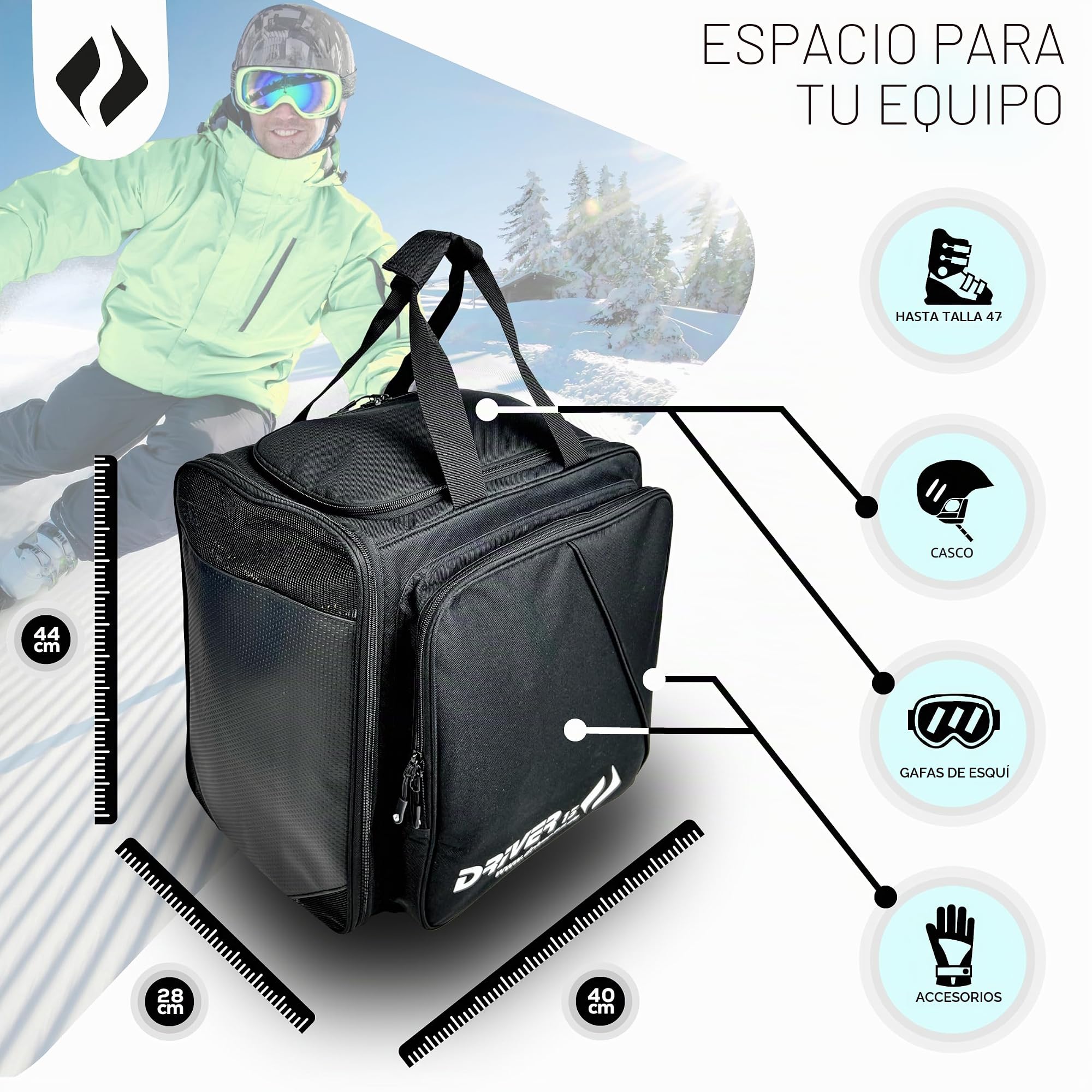 Driver13 Mochila para Botas de esquí con Compartimento para Casco Ideal para Tus Botas de esquí con Compartimento para Casco para Botas duras + de Snowboard + esquís en línea + Bolsa para Botas Bolsa