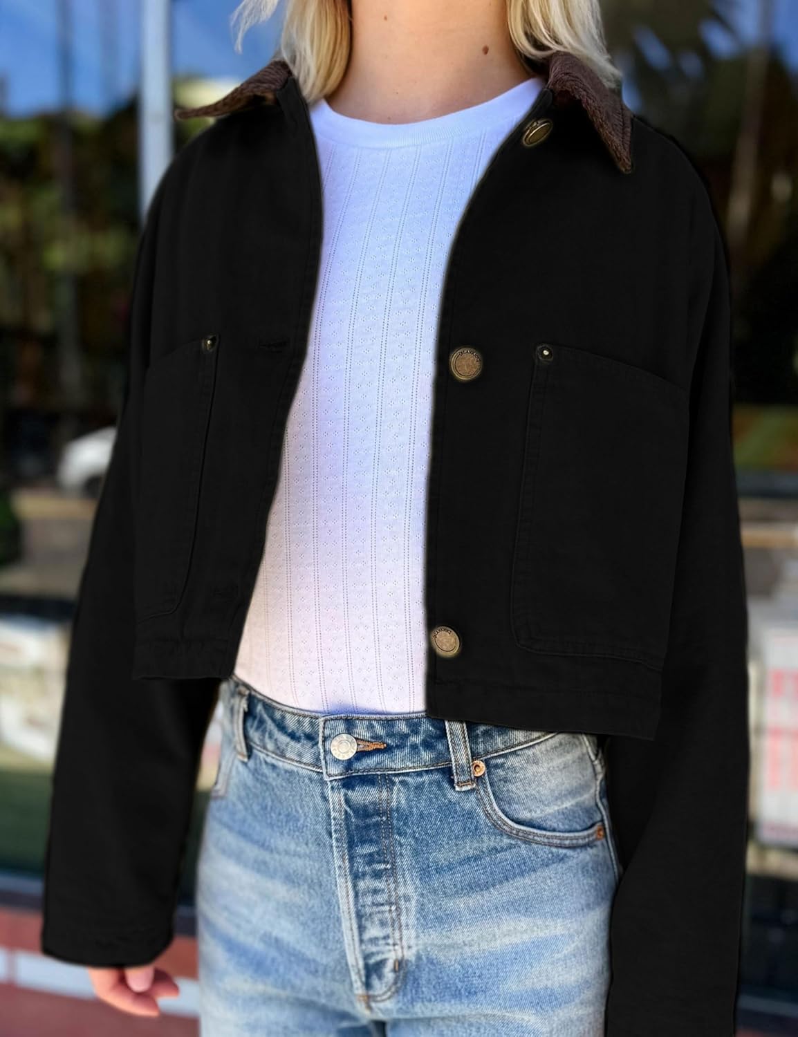 APAFES Women's Cropped Barn Jacket Corduroy Collar Button Down Long Sleeve Short Coat with Pockets - Image 8