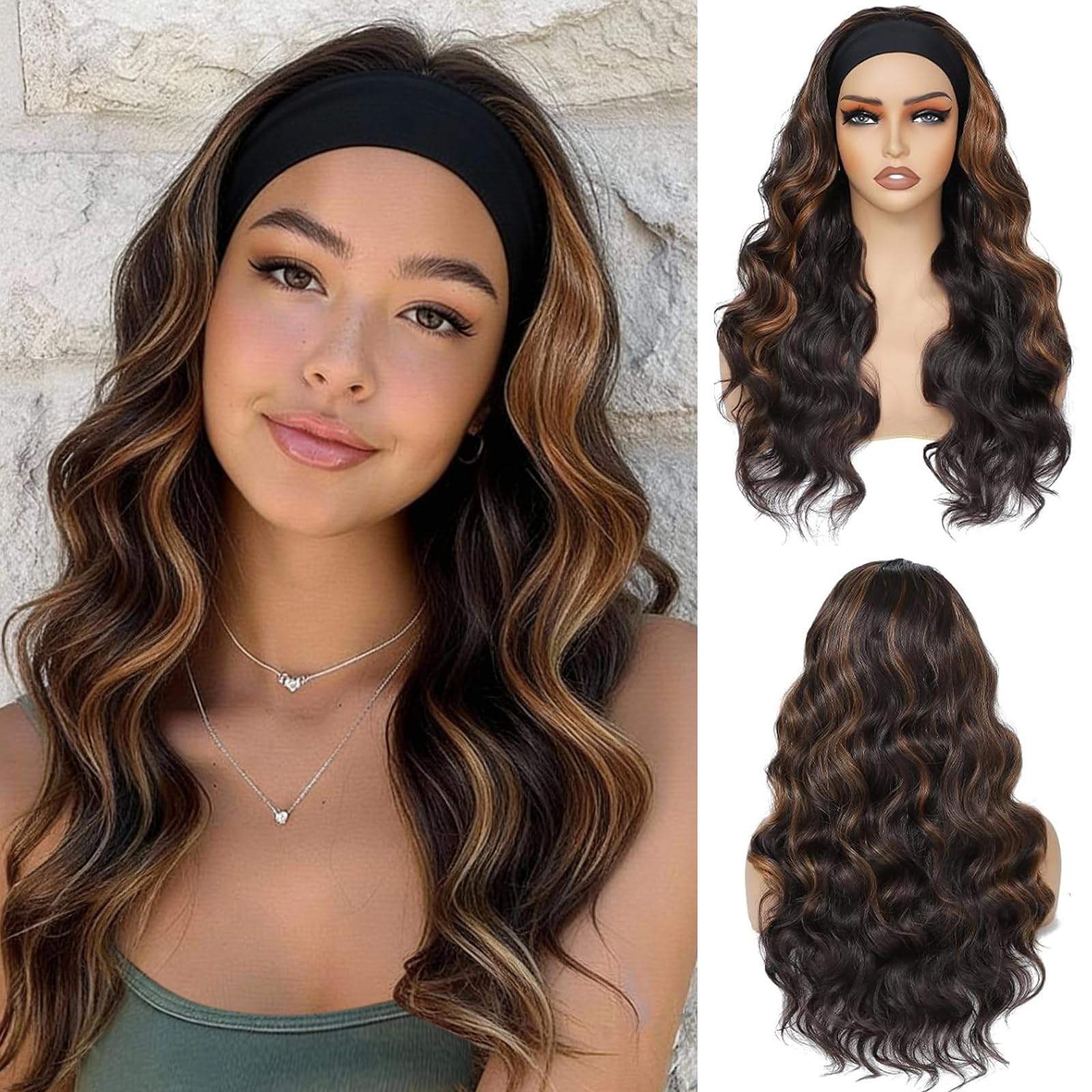 Creamily Curly Headband Ice Silk Wig Highlight Brown Headband Wigs 23‘’/58cm Synthetic Headband Wig for Women Daily Use