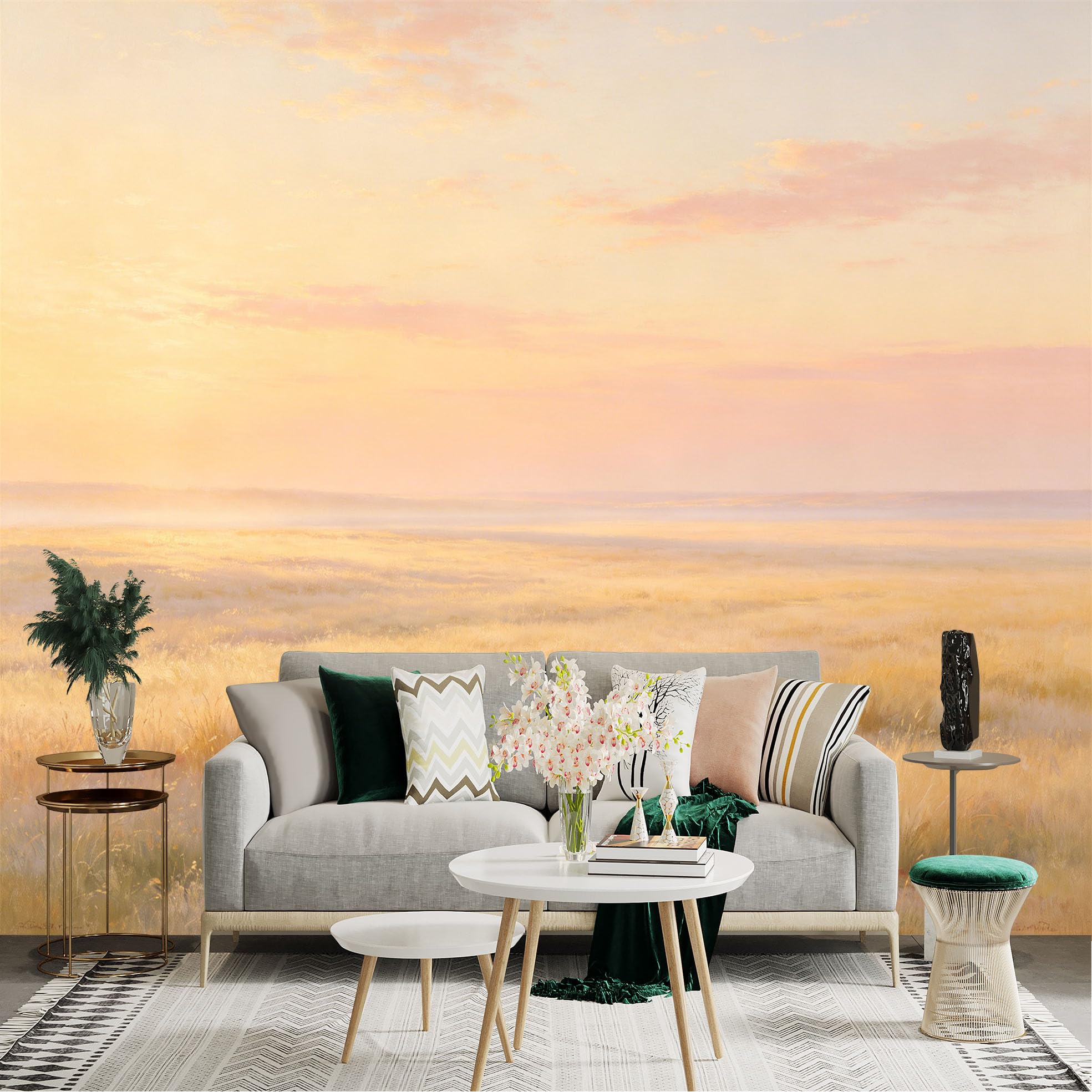 Lnzczhyre Dbh260521654 Custom Size Wall Sticker Mural， Golden Sunset Over Vast Prairie， Soft Haze And Warm Light， Meadow Landscape， For Wall Decoration， Peelandstick Wall Decals.