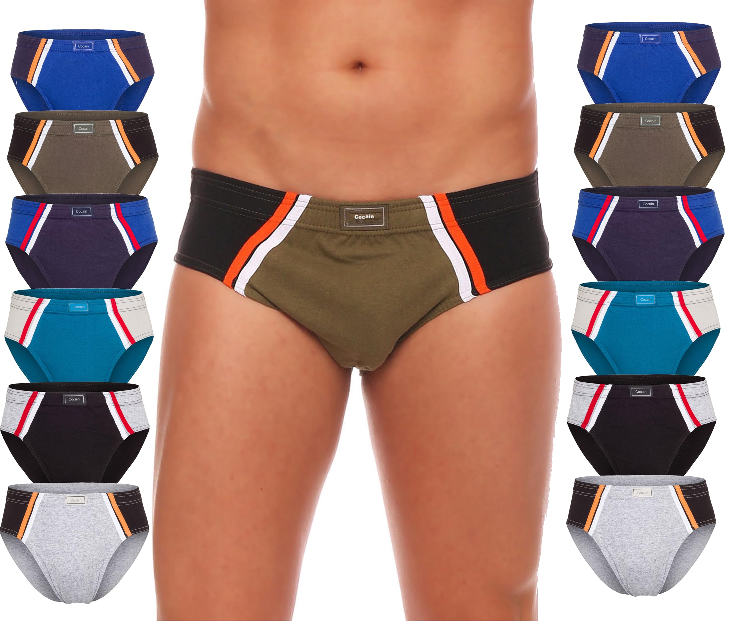 Cocain underwear Lot de 6, 9, 12 slips de sport colorés pour homme, sans ouverture, 100 % coton peigné, dans différentes combinaisons de couleurs, tailles M à 7XL