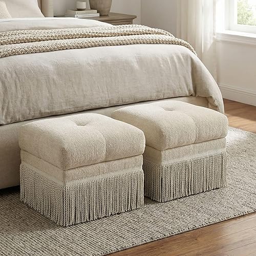 Vista 6 de Otomano cuadrado beige de 22 pulgadas con borlas para sala de estar, moderno y bohemio, tapizado, puf otomano, reposapiés para dormitorio