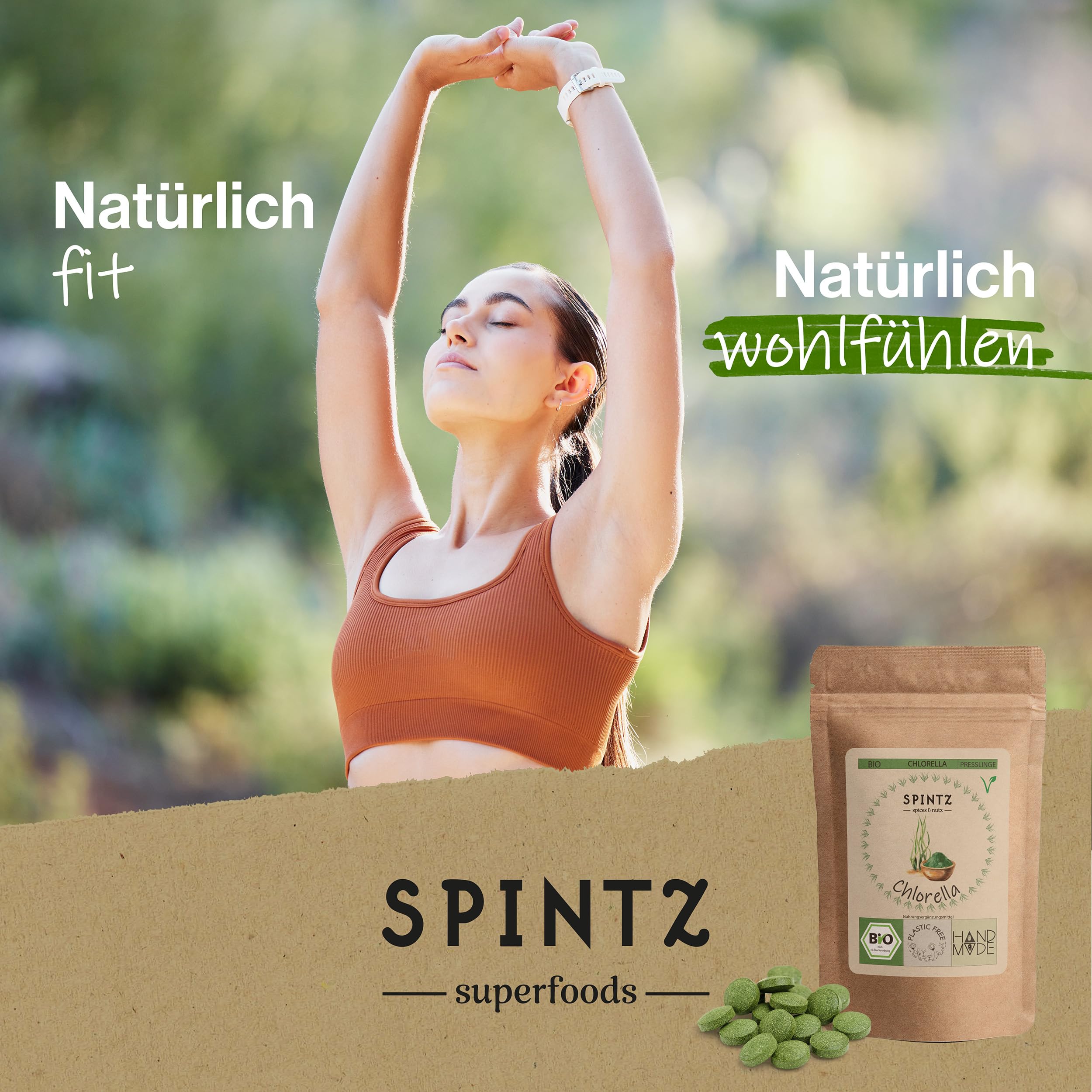 SPINTZ® 1000 Stk. Bio Chlorella Bio Presslinge 100% kontrolliert biologischer Anbau | Vegane Chlorella Tabletten 500mg/Tab | Plastikfrei und nachhaltig verpackte Chlorella Tabletten