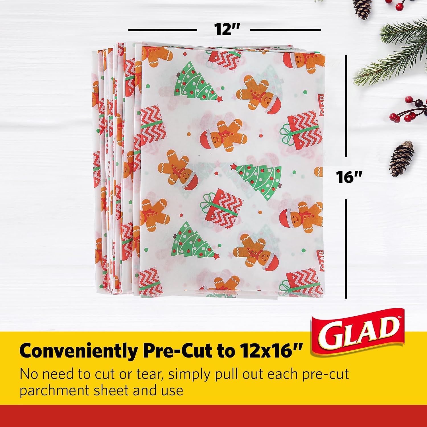 Glad Holly Jolly Parchment Paper Baking Sheets, 12 x 16 Inch, 25 Count