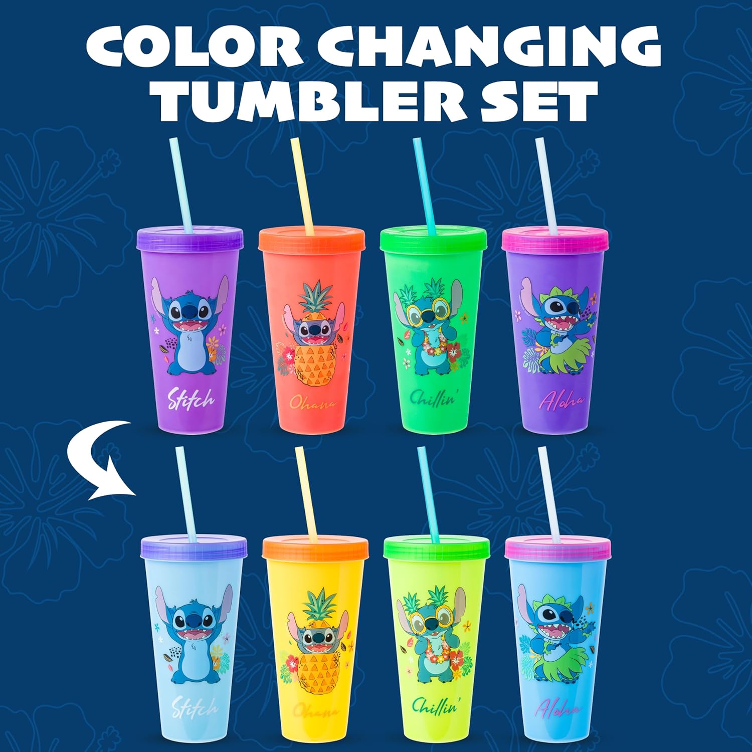 Silver Buffalo Disney Lilo and Stitch Tropical Poses 4 Pack Color Change Plastic Tumbler, 24 Ounces - Image 2
