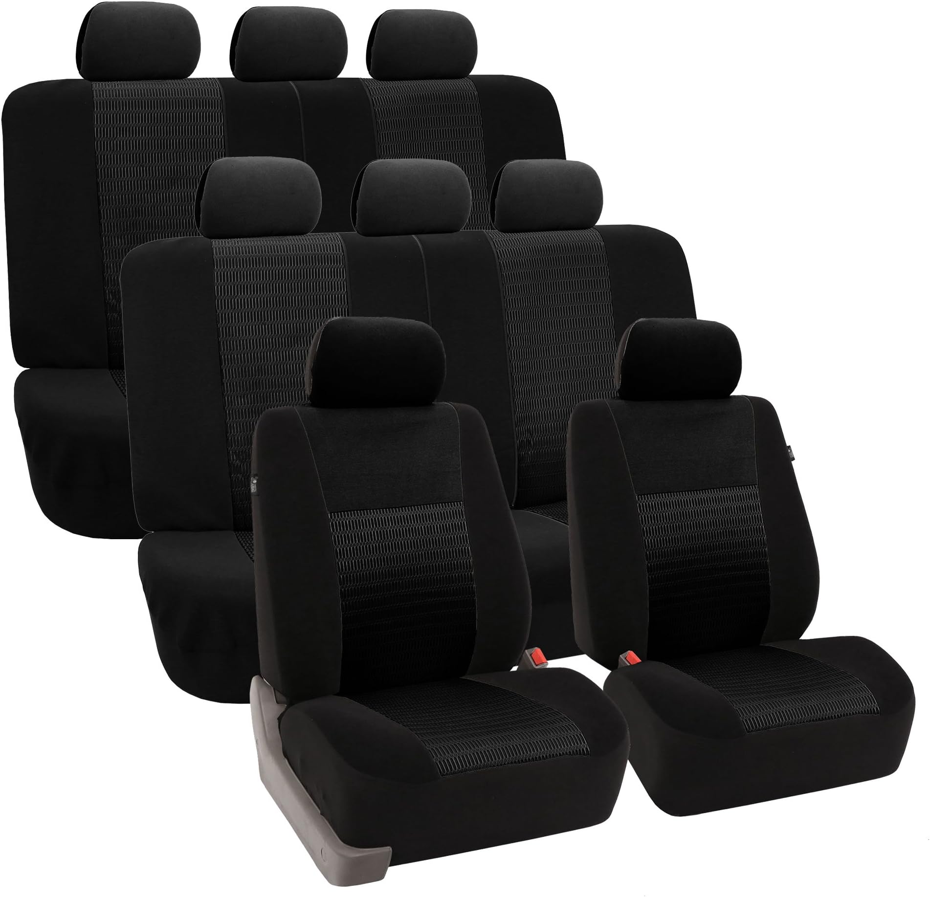 FH Group Car Seat Covers Trendy Elegance 3D Air Mesh Car Accessories, Airbag Compatible and Split Ready Black Three Row Set 8 Headrest Covers Universal Fit Interior Accessories for Cars Trucks SUV