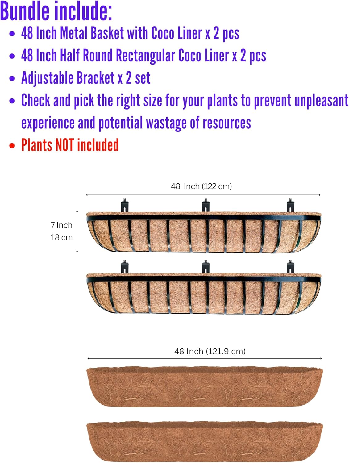 LaLaGreen Bundle- 2 Pack, 48 Inch Rectangular Metal Basket with Coco Liner + 2 Pack, 48 Inch Coconut Coir Liner Insert Extra Large Hanging Rail Flower Boxes with Bracket Outdoor Balcony Fence Planter