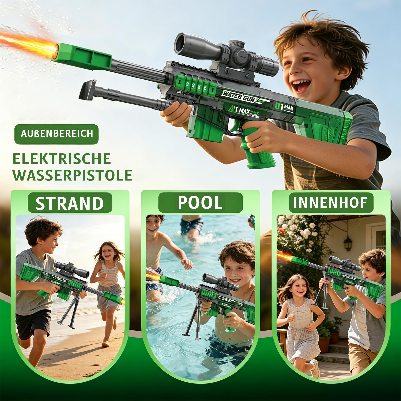 Maxee Pistola ad acqua elettrica, pistola a spruzzo automatica con un pulsante, per bambini, adulti, piscina, feste, spiaggia all'aperto, colore nero