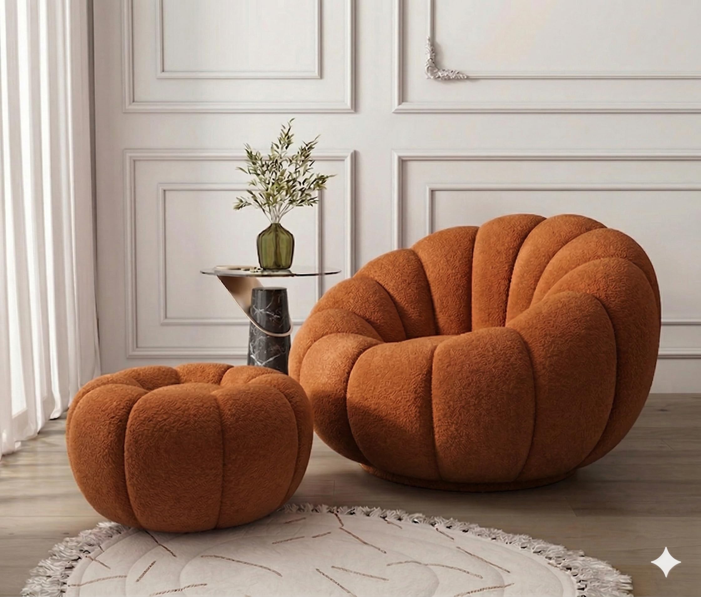 CRAFTCITY Pumpkin Style Wooden Sofa | Contemporary Wool Sofa with Swen Pillow Back for Living Room (Orange, 1 Seater with Ottoman)-image-40