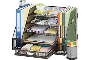 Marbrasse Mesh Desk Organizer with File Holder, 5-Tier Paper Letter Tray, and Drawer