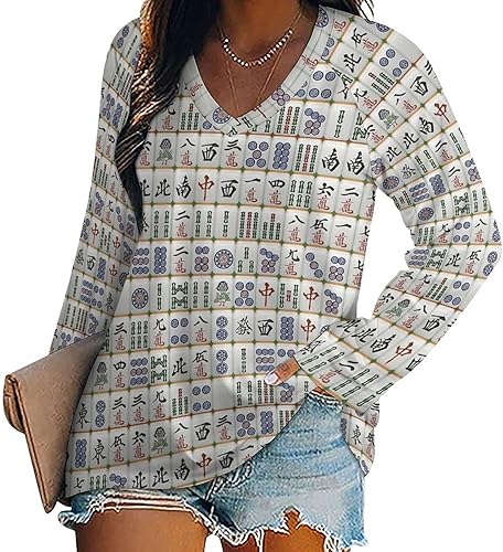 Mahjong - Sudadera de manga larga con cuello en V para mujer