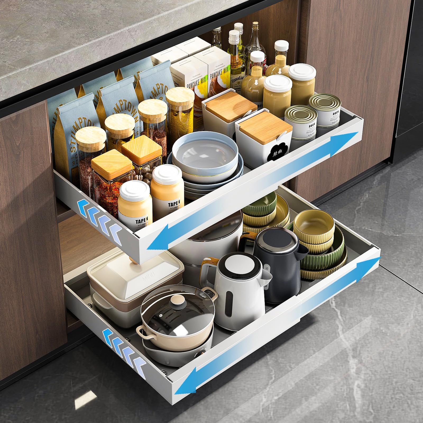 Teleskopschublade Küche Ausziehbare Schublade für Schrank Ohne Bohren Einstellbare Breite 32-52cm Metall Pull Out Cabinet Organizer mit Klebeband Slide Out Drawer (Weiß, 1pack)