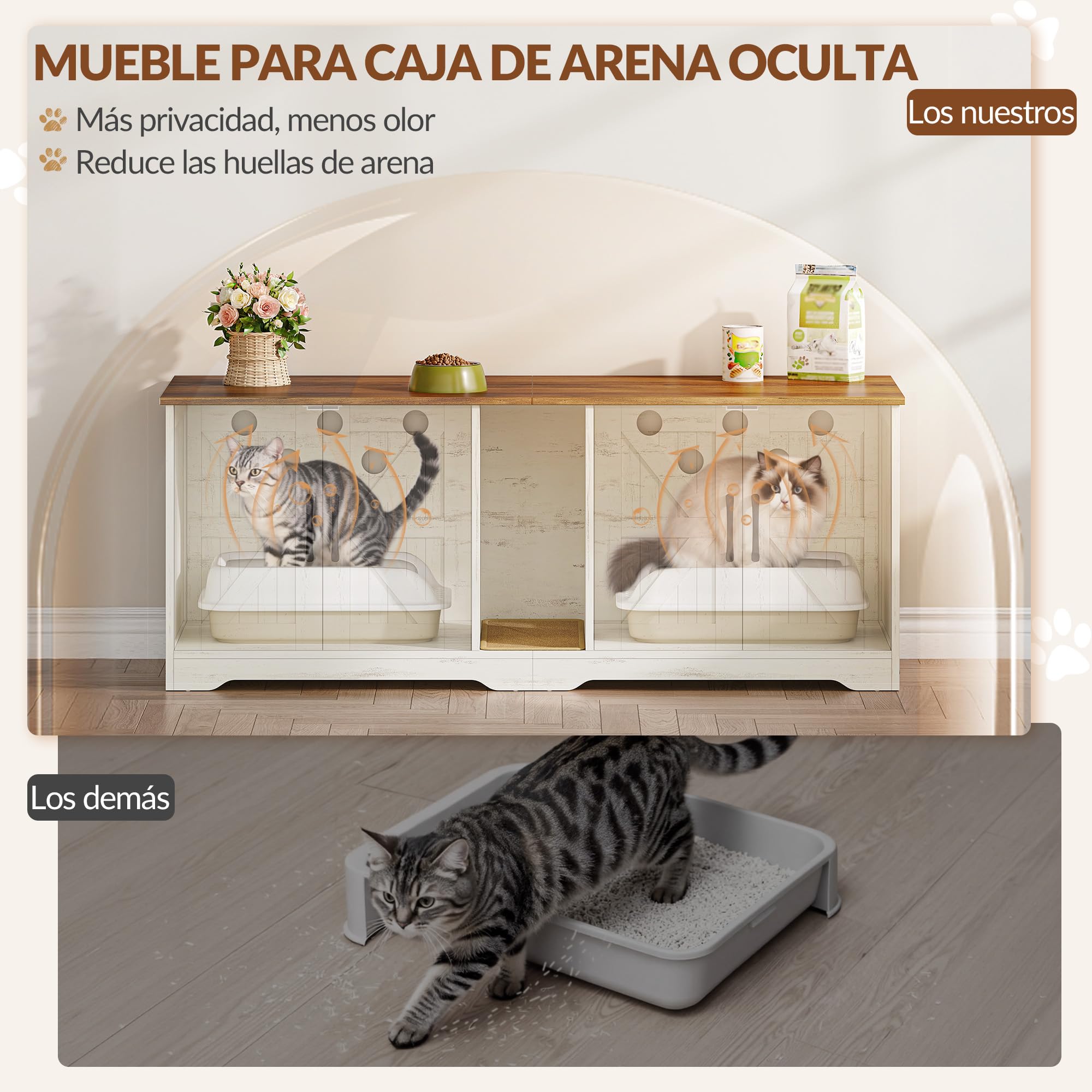 Mueble Arenero Gato para 2 Gatos, 140x50x55 cm, Marrón y Blanco | Mueble para Caja de Arena Oculta, Armario para Gatos con Alfombrilla para Rascar, Caseta Madera para Gato de Interior