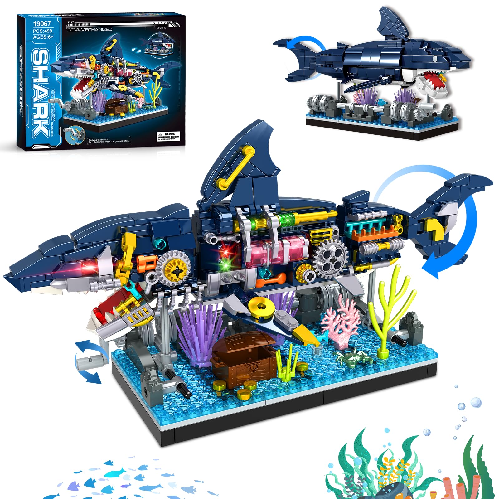 kiothdre Hai Bausatz mit Mechanische Drehbare Tier Hai Bauspielzeug, Meerestier Bausteine mit Ständer, Kreative Haispielset, Geschenke für Kinder Jungen 6-12 Jahre