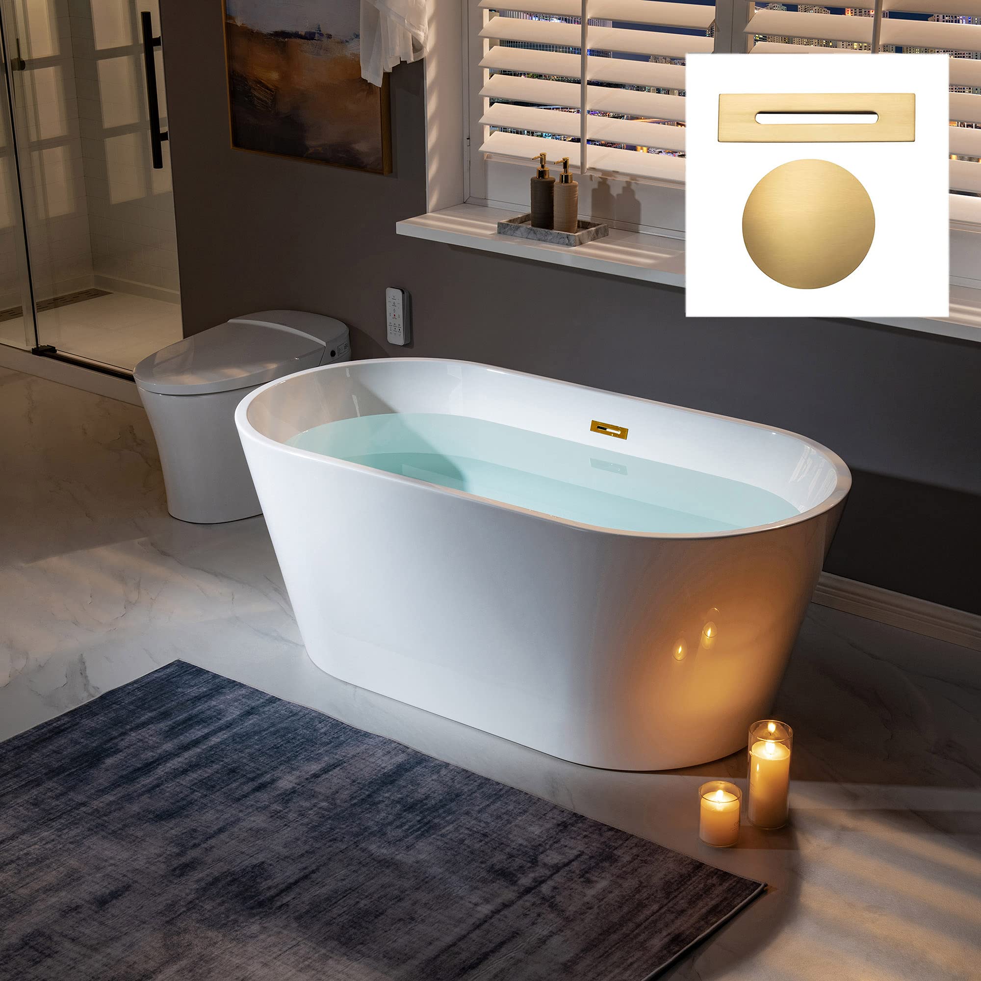 WOODBRIDGE 59" Freestanding White Acrylic Soaking Bathtub with Brushed Gold Drain and Overflow,BTA1514 -BG-Drain &O