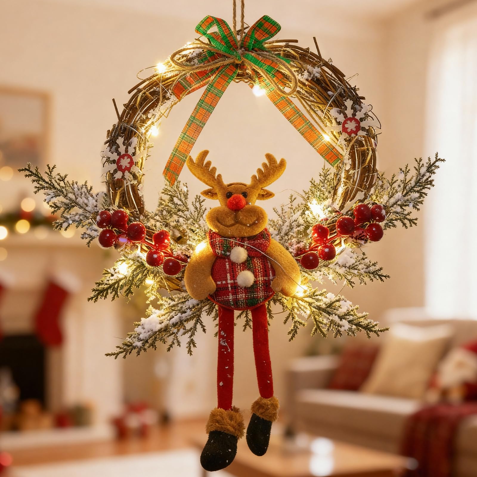 ENLACE Ghirlanda Natalizia Per Porta Con Alce 35 Cm - Decorazione In Rattan Con Fiocchi Di Neve, Pigne E Bacche Per Natale - 3