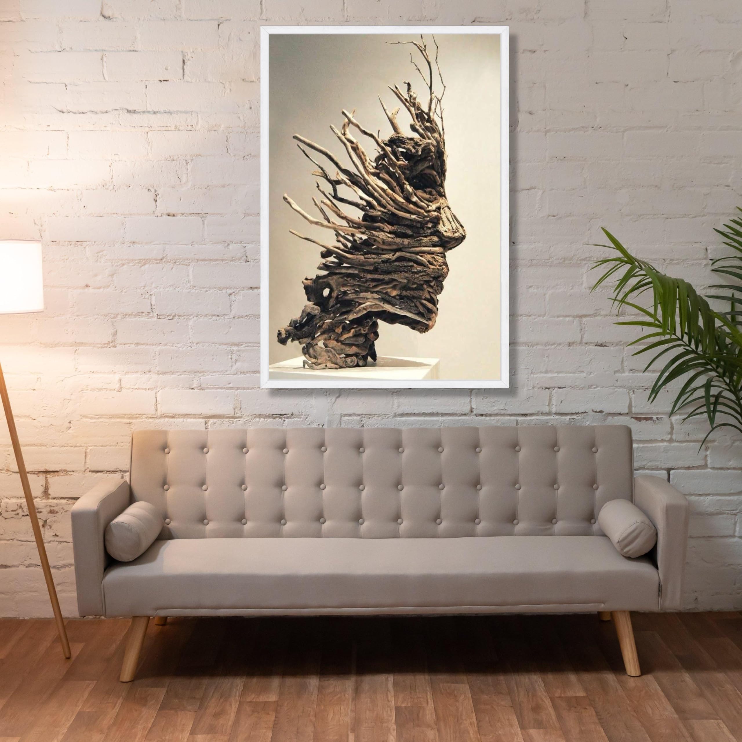 XINBAO Abstrakcyjne rzeźby z drewnianymi twarzami plakat z naturalnego drewna sztuka ścienna rustykalny wystrój domu malarstwo płótno wystawa artystyczna (70 x 100 cm/rama wewnętrzna)