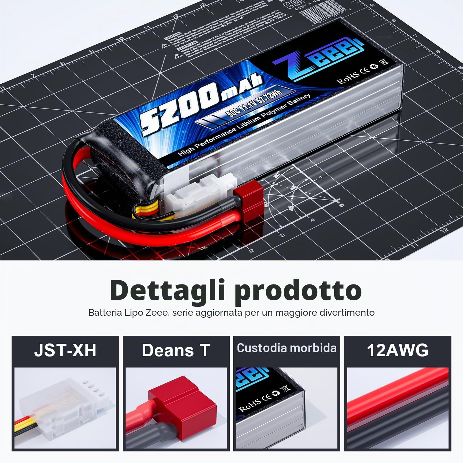 Zeee 3S Lipo Batteria 11,1V 50C 5200mAh RC Batteria con Connectore Deans T Spina per RC FPV Racing UAV Drone Evader BX RC Veicolo Auto LKW Truggy RC Nave RC Modells RC Hobby