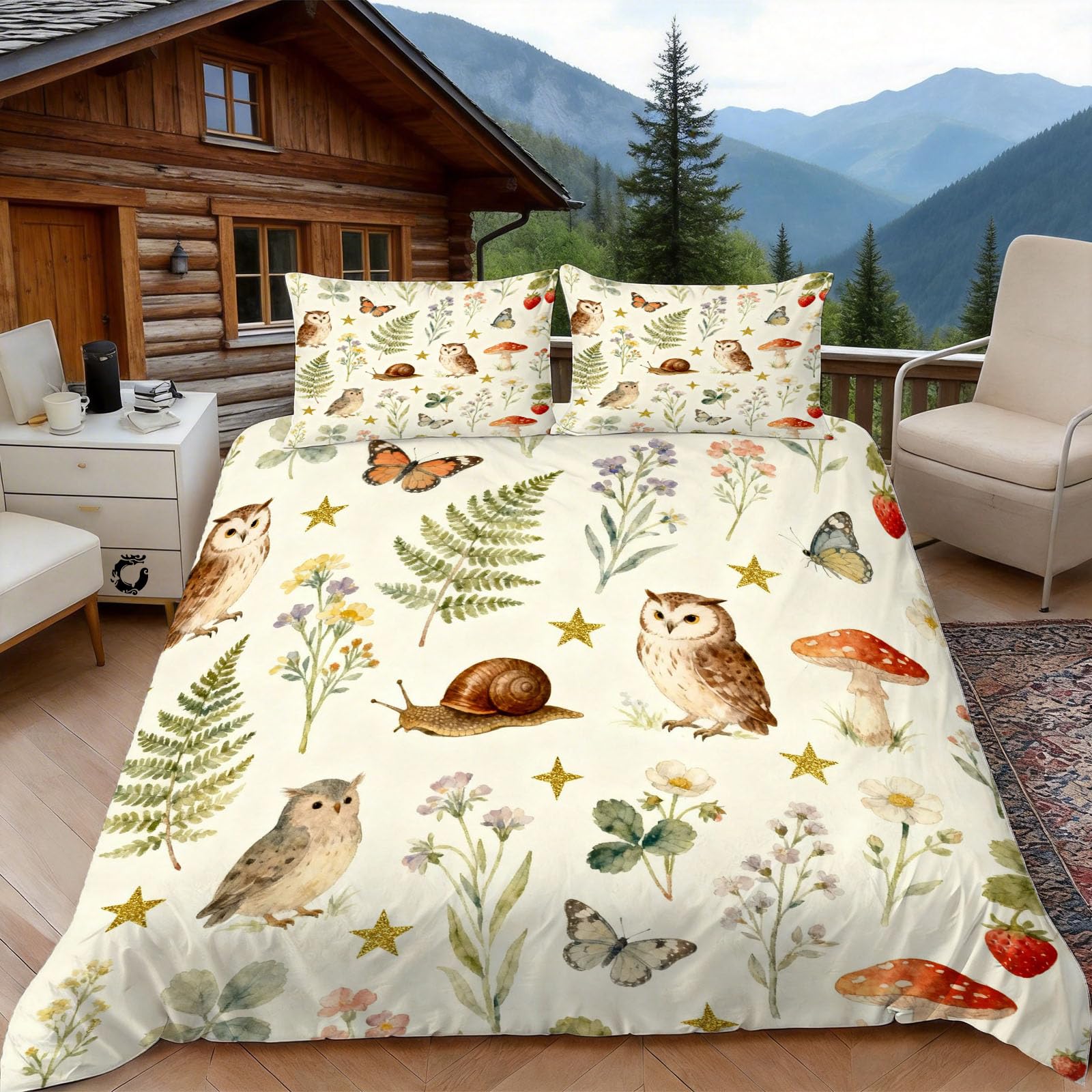 Parure de lit champignon et escargot pour une chambre parentale cocooning