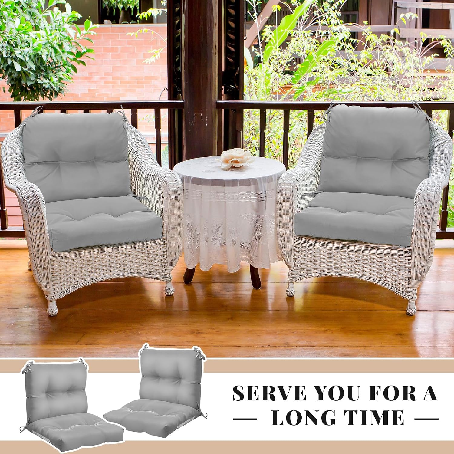 Geetery Outdoor Chair Cushions Set of 4 High Back Patio Furniture Replacement Seat Pads with Ties 42x21x4“ for Lawn Porch Wicker Rocking Dining Chairs Weather Resistant Fade Resistant(Light Grey)