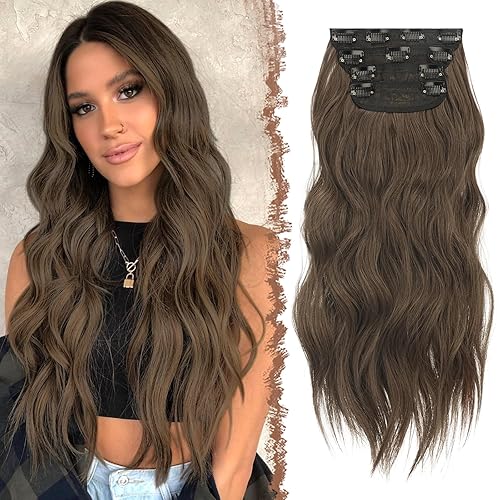 FESHFEN Extensiones de cabello con clip, 4 piezas de cabello grueso con reflejos, extensiones de cabello sintético largo ondulado con clip,