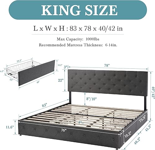 Miniatura 116 de HOOMIC Base de cama de almacenamiento de plataforma de tamaño matrimonial con 4 cajones y cabecera ajustable, listones de madera, no necesita Negro,