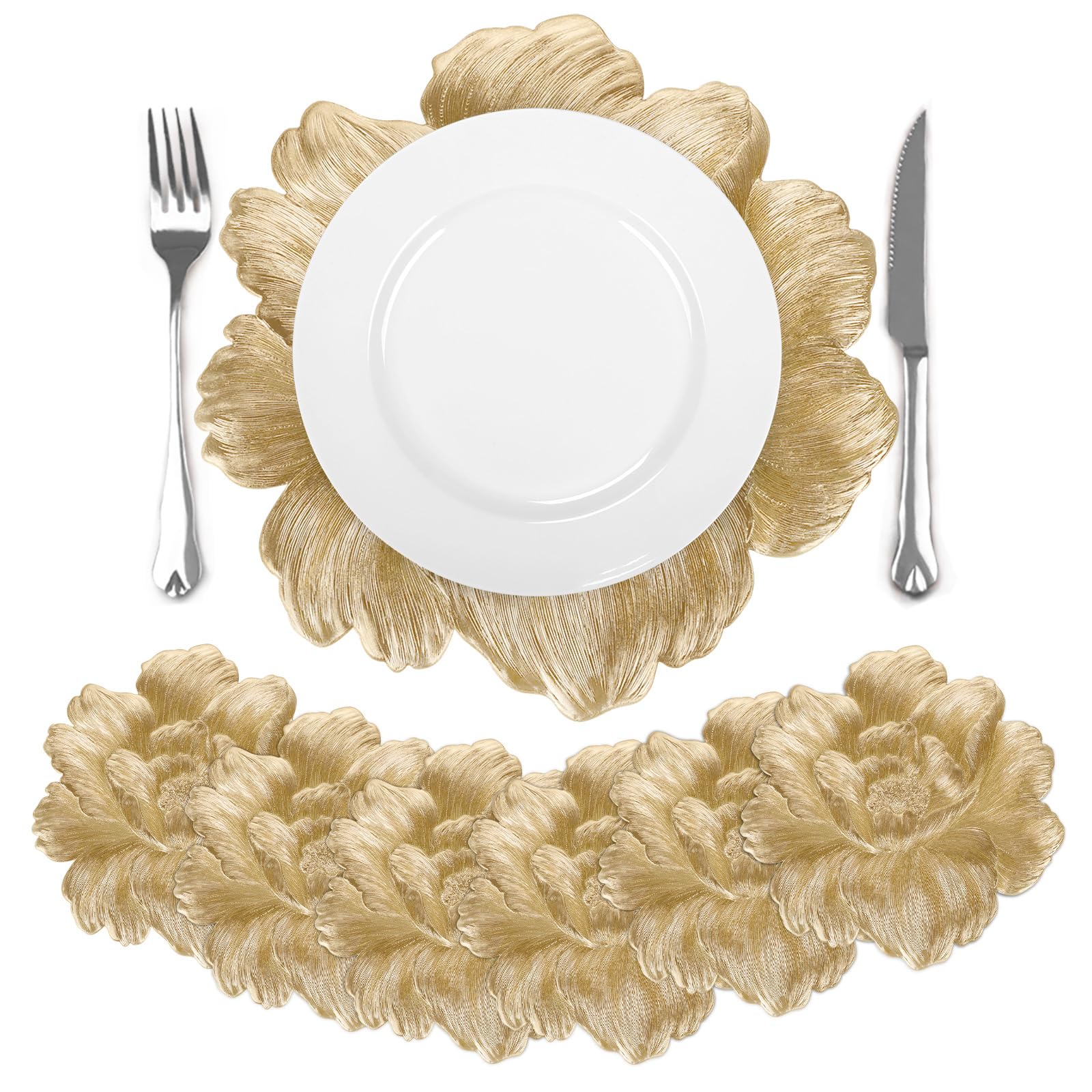 comfoyar Gold Round Metallic Flower Placemats Set of 6, 38cm Non-Slip Vinyl Pressed Floral Place Mats, Washable Waterproof Table Mats for Morden Kitchen Dining Party Restaurant Holiday Decoration