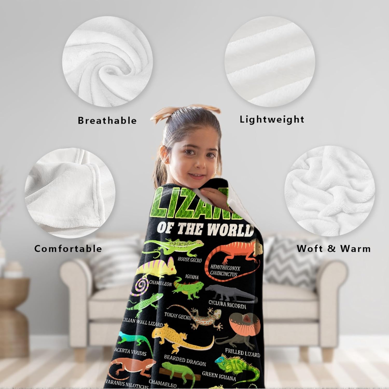 Lizards of The World Blanket Gifts for Girls Boys Women - Super Soft Cozy Warm Throw Sheet for Couch Bed Sofa Office Decor All Season 60" x 80" for Adult
