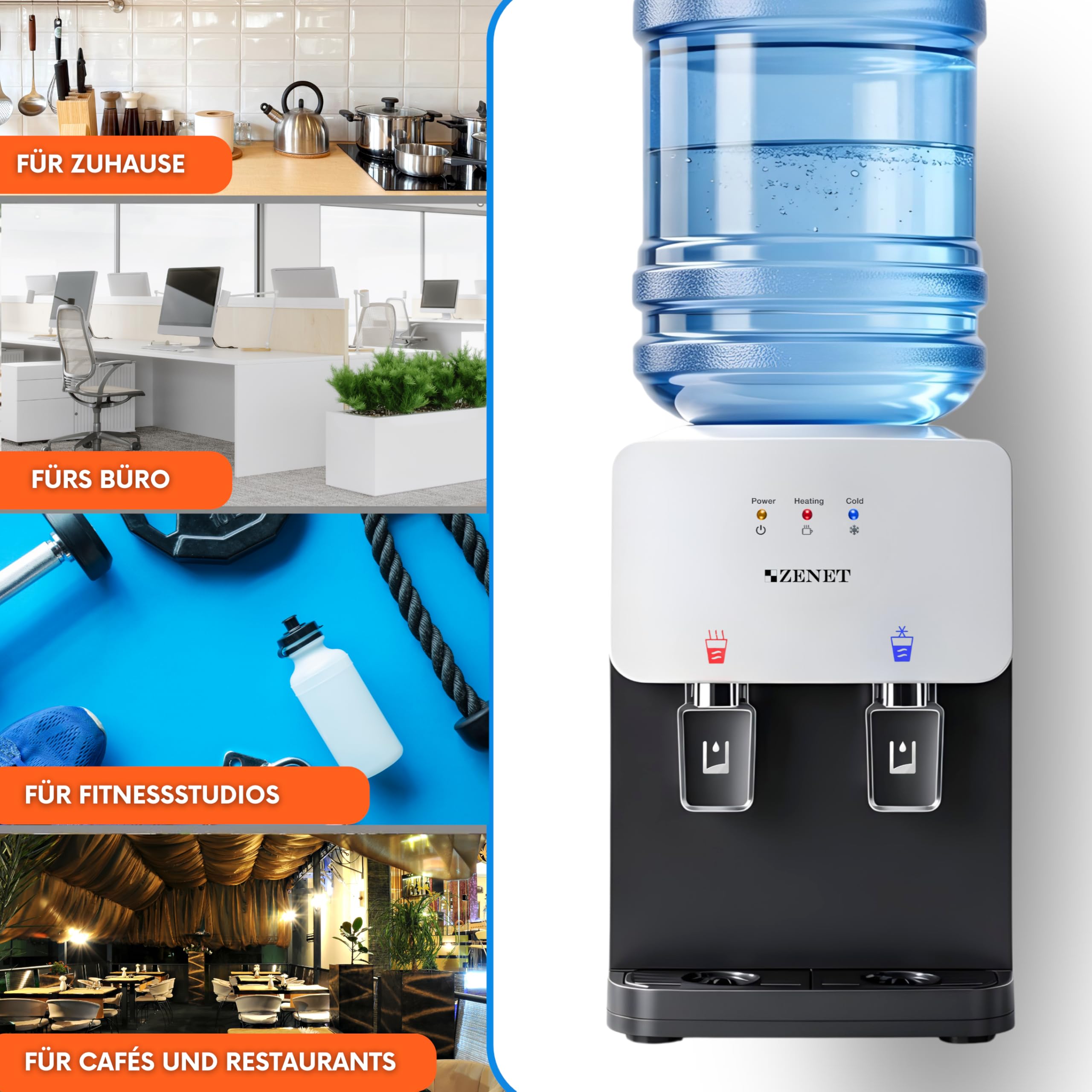 ZENET Wasserspender, Elektrischer Heiß- & Kaltwasserspender (Schwarz/Weiß) | Wasserkühler für Zuhause, Küchen und Büro, Klein Tisch-Wasserautomat mit Kühlung, Ohne Wasseranschluss, 19-20L Gallonen