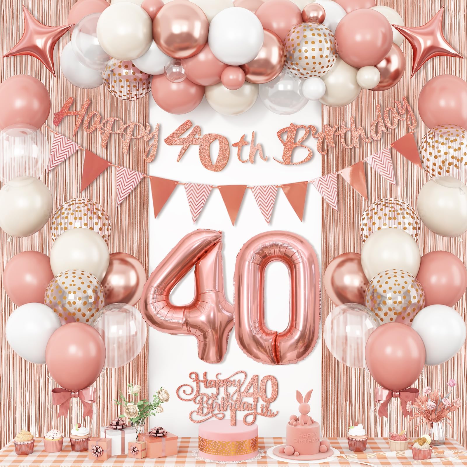 40th Birthday Decorations for Women, Retro Pink Rose Gold 40th Birthday Balloons with Glitter Happy 40th Birthday Banner Number 40 Balloons Fringe