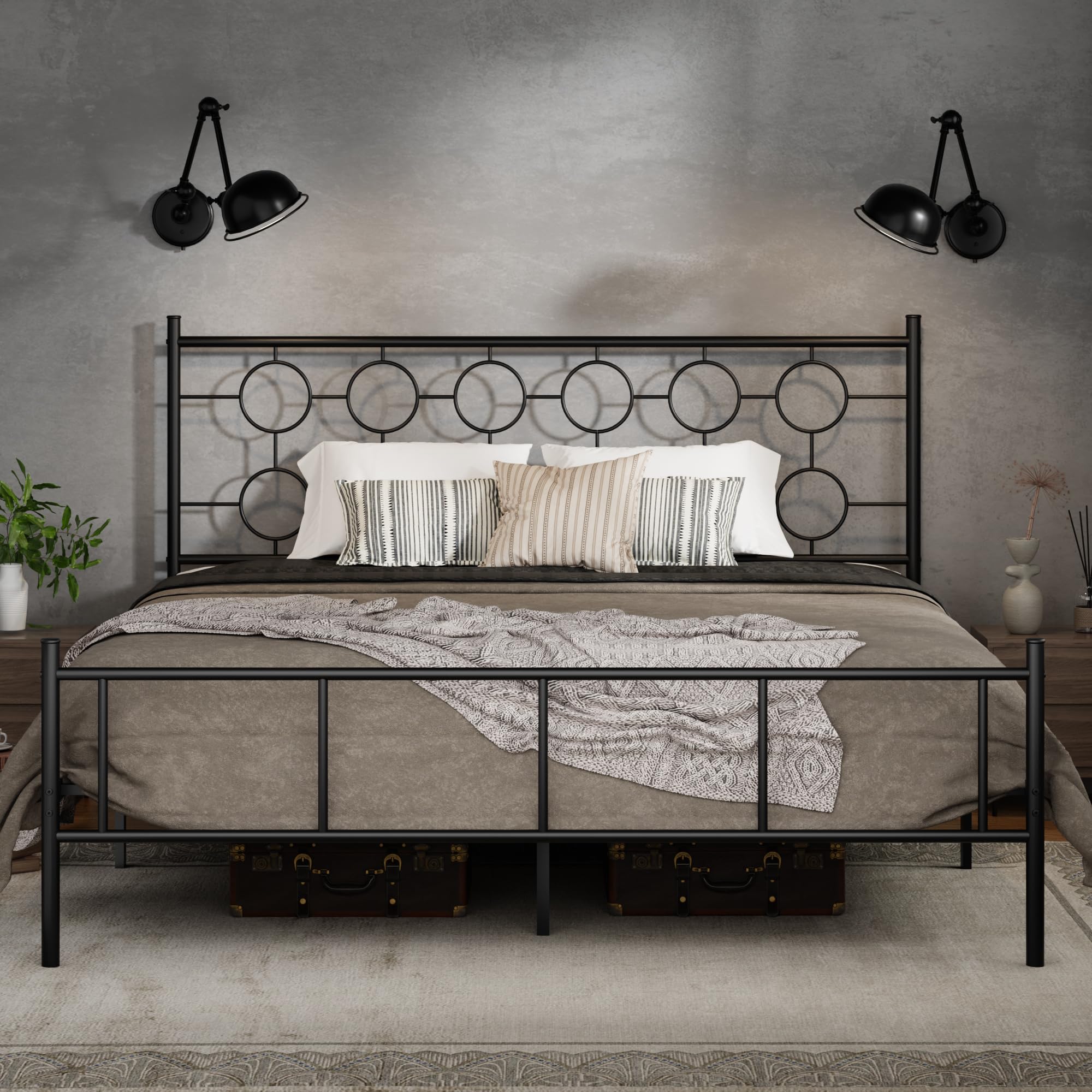 King Size Classic Metal Platform Bed Frame with Headboard and Footboard Victorian Style Iron Bedframe with 12 inch