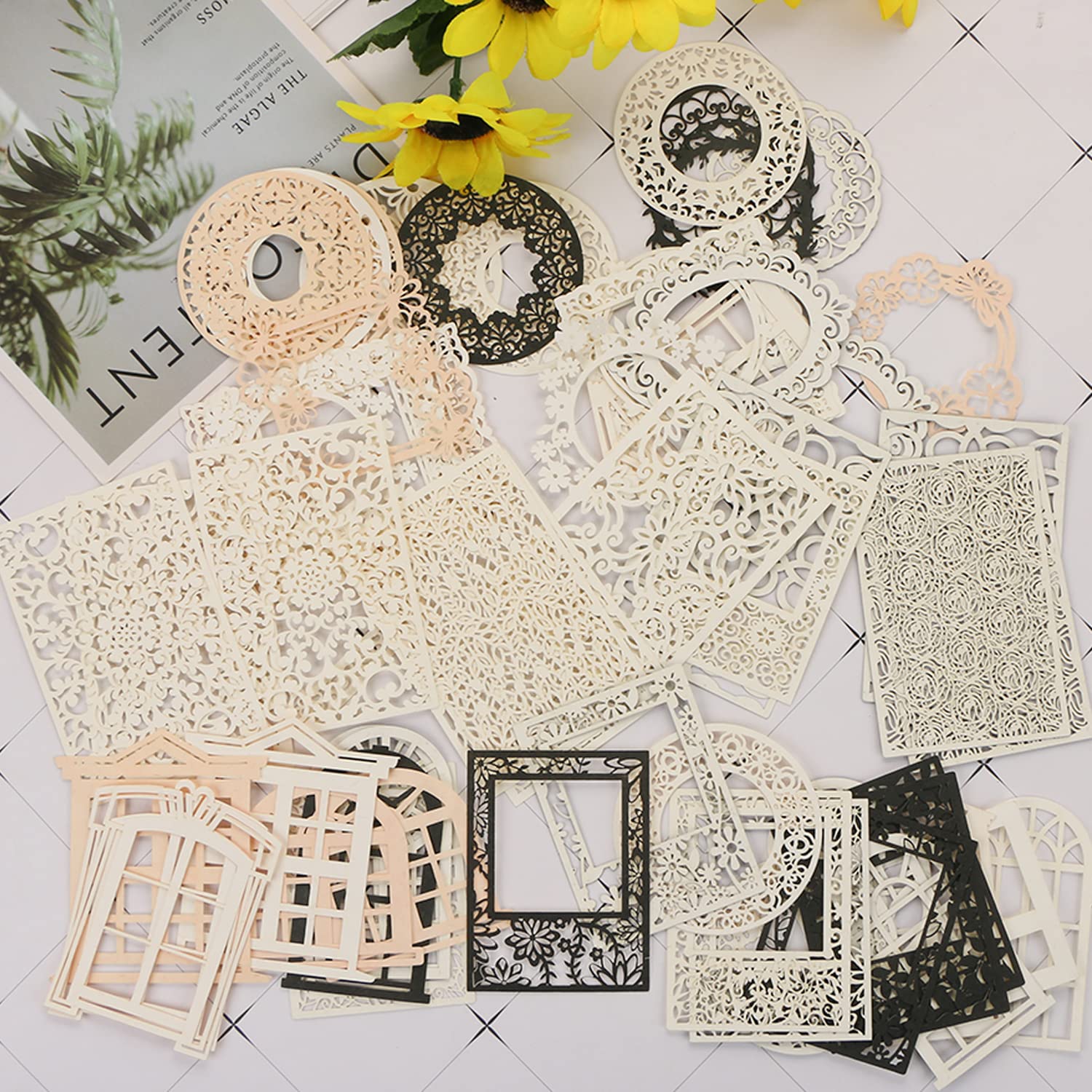 DREMISI Zestaw 80 sztuk w stylu vintage, koronkowe materiały do scrapbookingu, wycinanie, ramka kwiatowa, biały, czarny, papier dekoracyjny, artykuły pa, artykuły pa