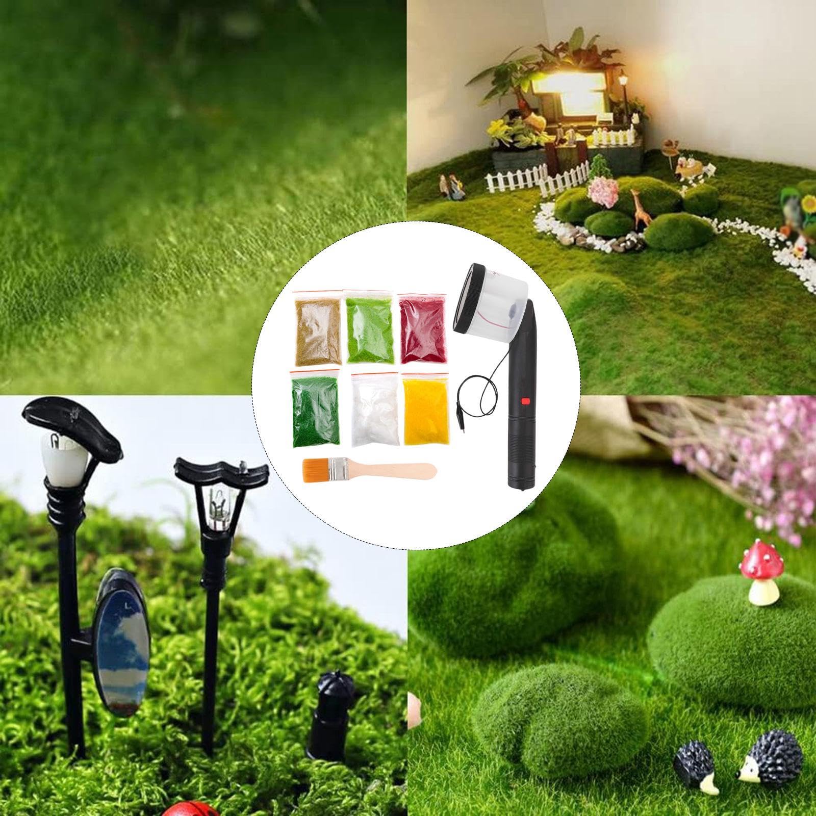 Gralara Máquina de Césped Estático Portátil para Maquetas Y Escenarios Dispositivo Manual Electroestático Herramienta para Fibras Accesorio PP Arena, 6 Bolsas de Hierba en Polvo