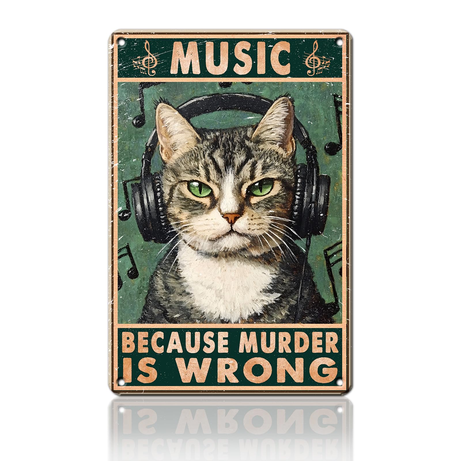 Anceky Retro Sign Music Because Murder Is Wrong Cat Metal Tin Sign Vintage Wall Decor for Home Bar Cafe Farmhouse Kitchen 12×16 Inch