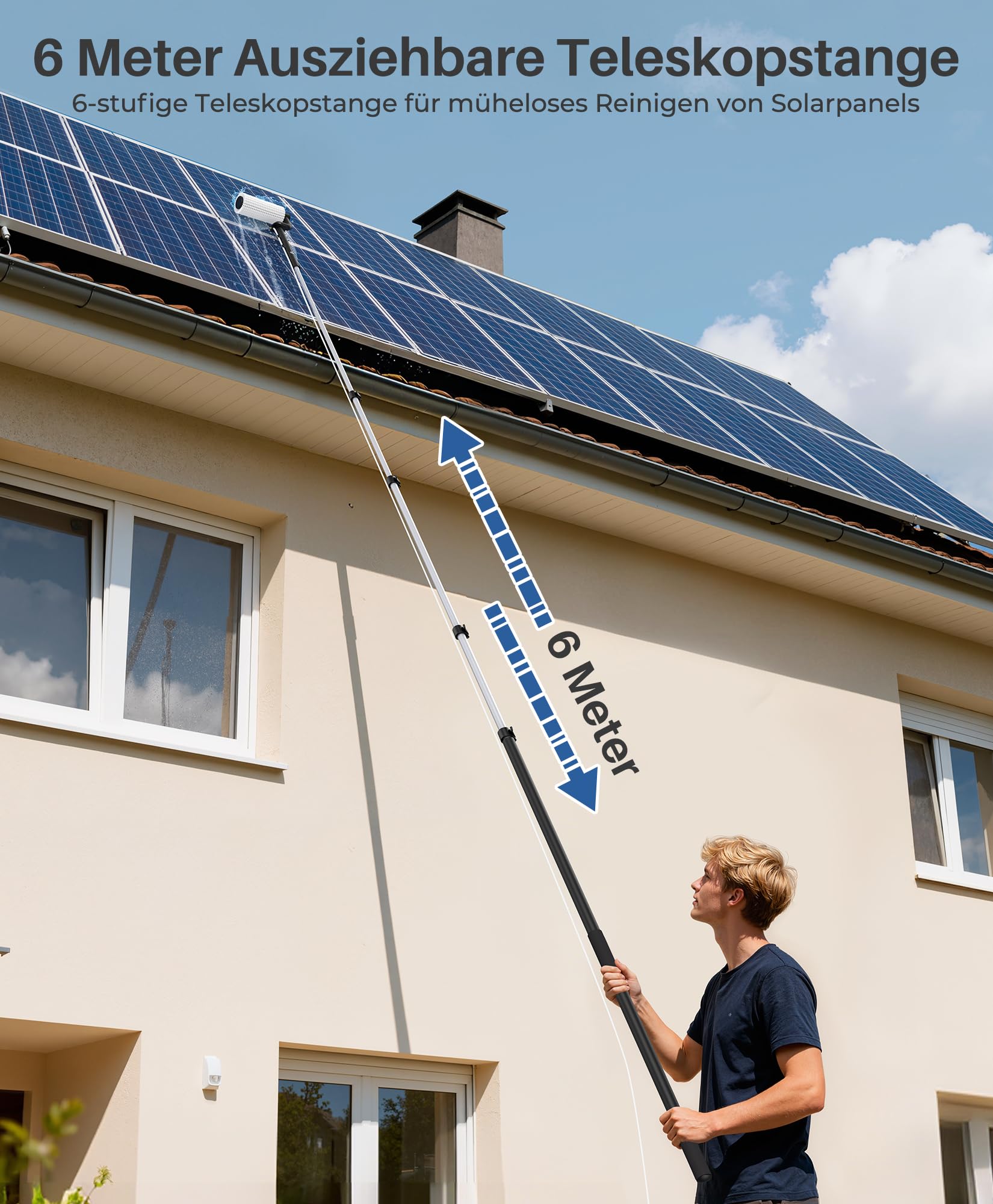 LyriFine Elettrico spazzola pulizia pannelli fotovoltaici 6,2 metri, 5 stadi telescopic hydrocleaner kit pulizia pannelli fotovoltaici e Velocità della 2a marcia per pannelli solari, vetri per tetti