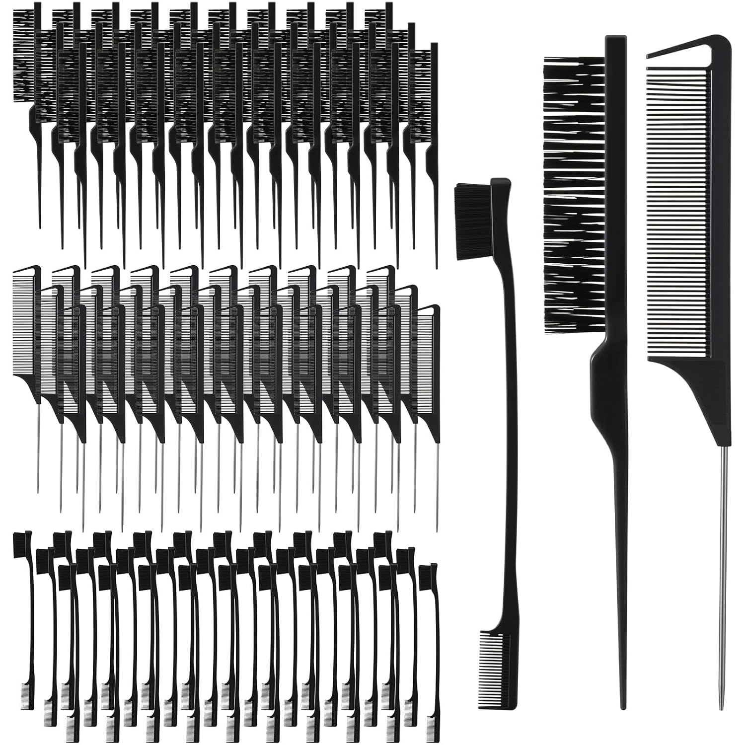 Youyole 90 pcs Hair Styling Set:30 Teasing Brushes, 30 Rat Tail Combs, 30 Edge Brushes for Women, Babies, and Kids(Black)